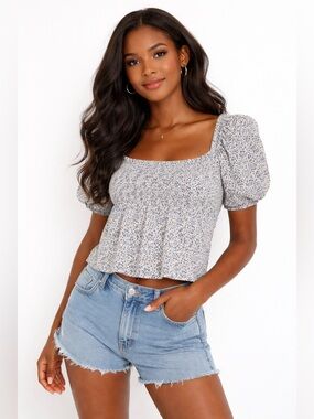 Old Navy Smocked Puff-Sleeve Floral Top - Blue Medium